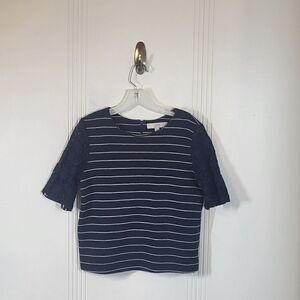 Ann Taylor Loft Blue & White Striped Top With Lace Sleeves